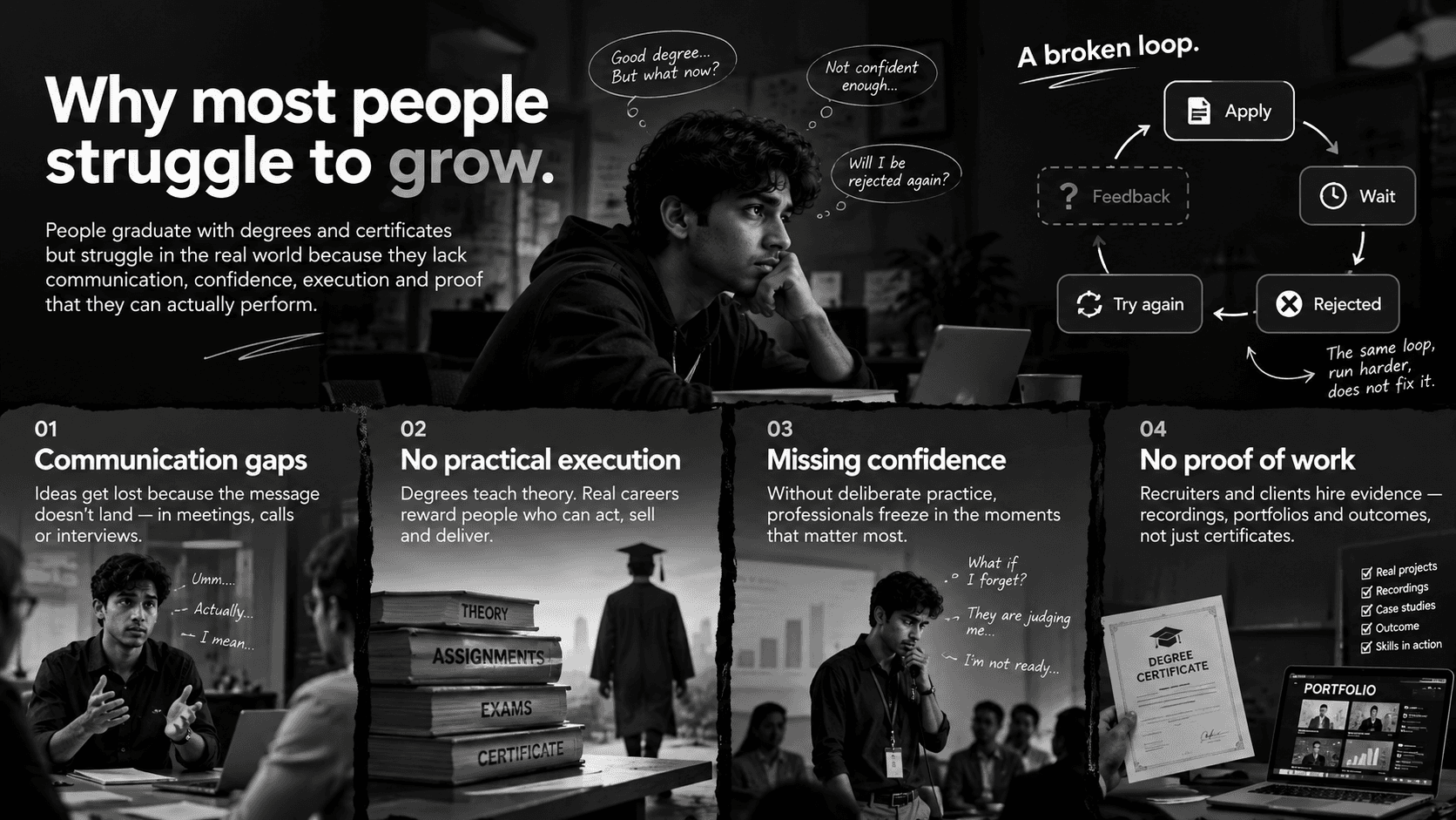 Illustration: graduates caught in a loop of applying, waiting and being rejected, with the feedback step missing.